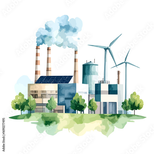Watercolor Illustration of an Eco Friendly Industrial Factory with Wind Turbines.