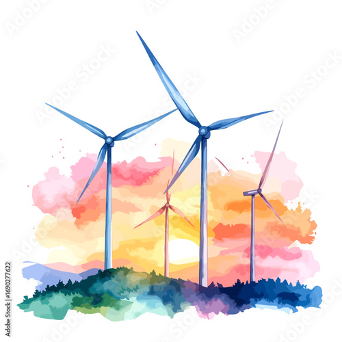 Colorful watercolor illustration of a wind farm with turbines.