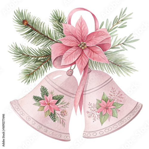 Watercolor painting of two pink Christmas bells with delicate floral White Background