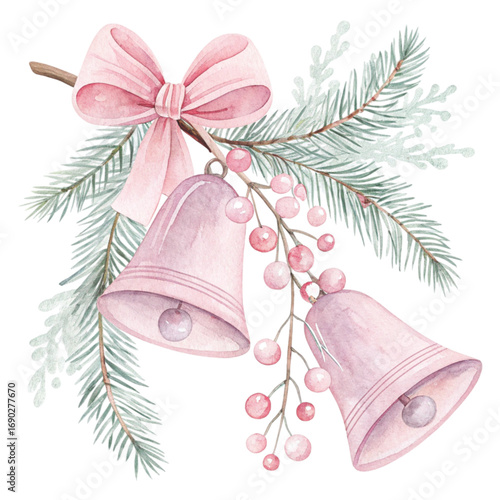 Watercolor painting of two pink Christmas bells with delicate floral White Background