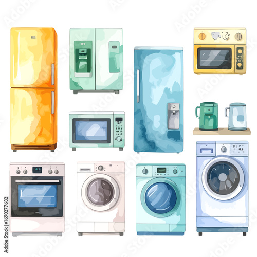 Watercolor illustration of various household kitchen and laundry appliances.