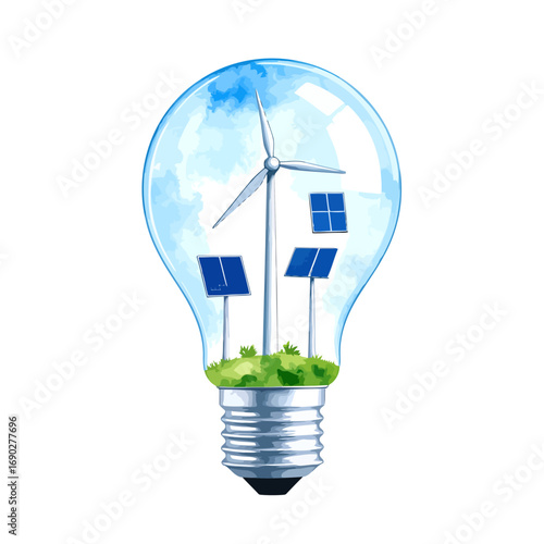 Sustainable energy lightbulb with wind turbine and solar panels.