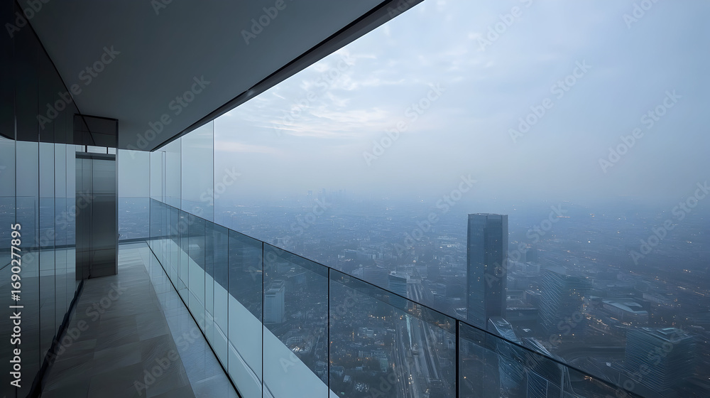 Fototapeta premium Balcony view overlooking a city with fog or smog on a cloudy day.