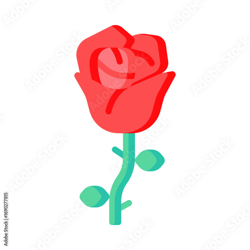 A simple and elegant vector illustration of a red rose with a green stem and thorns. The graphic has a modern, minimalist design, ideal for themes of love, romance, nature, and beauty. 