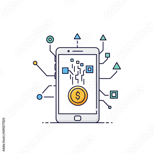 Stylish vector of a smartphone sending money through network nodes. Clean, high-res art for fintech, digital transfers, and secure mobile payments.