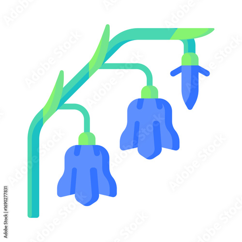 A modern vector illustration of a flowering plant with drooping, bell-shaped blossoms in a shade of blue. The graphic features a stylized design with a gradient green stem and leaves. It's an ideal.