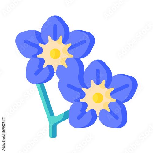 A charming and simple vector illustration of two forget-me-not flowers with blue petals and bright yellow centers on a light green stem.