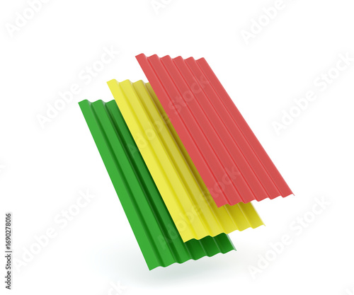 colored pencils isolated on white. 3d render of corrugated steel roof panels in green, yellow, and red, isolated on white background, construction materials for housing, roofing, building, and modern 