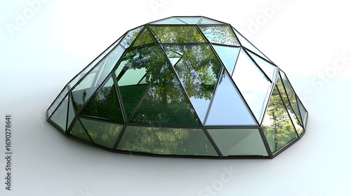 Geometric glass dome structure reflects trees and sky on a white surface.