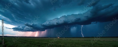 Dramatic dark clouds build ominously, heavy rain pouring down, lightning flashing in the distance, a powerful thunderstorm brewing over a vast landscape , energy, rainfall, nimbus