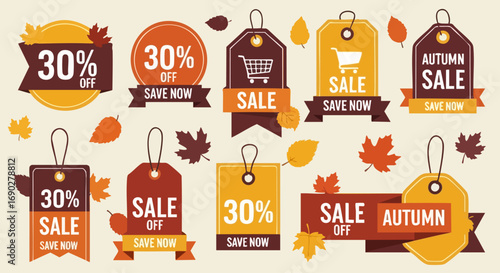 Set of Autumn Sale Price Tags with Fall Leaves