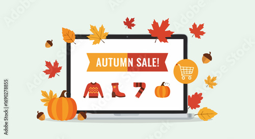 Laptop Displaying an Autumn Sale for Seasonal Clothing and Decorations