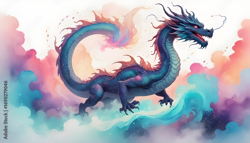 Obraz premium Dragon with striking red and blue wings flies over a mountain in this colorful watercolor wall art piece