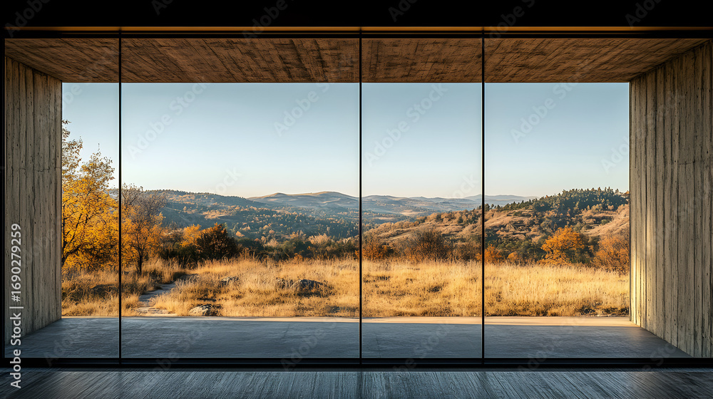 Fototapeta premium Window view of hills and autumn foliage from a wooden structure.