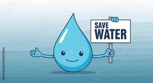 Cute water drop character holding a "Save Water" sign