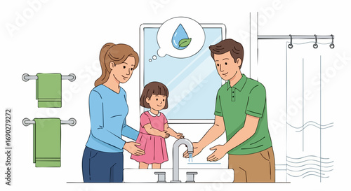A Family Teaching Their Child to Conserve Water in the Bathroom