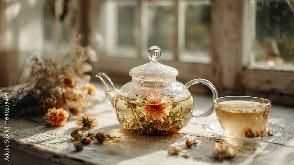 Fototapeta premium Elegant Tea Time - Glass Teapot and Cup by the Window.