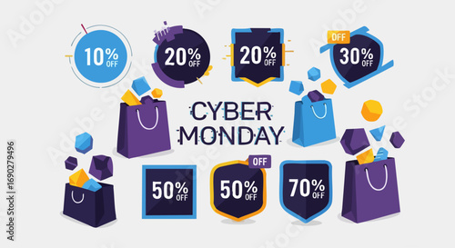 Cyber Monday Sale Banners with Shopping Bags and Discount Percentages