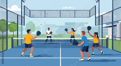 Friends Playing Padel Doubles on an Outdoor Court