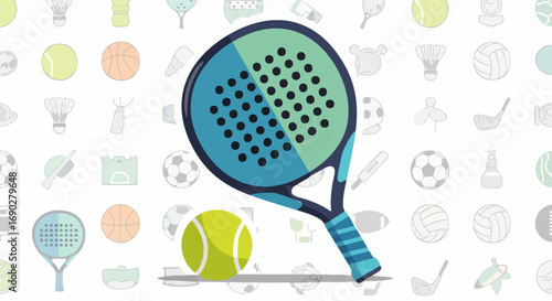 A Padel Racket and Ball with a Sports-Themed Background