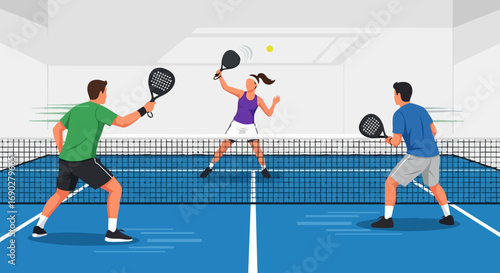 A Padel Doubles Match in Action on a Blue Court