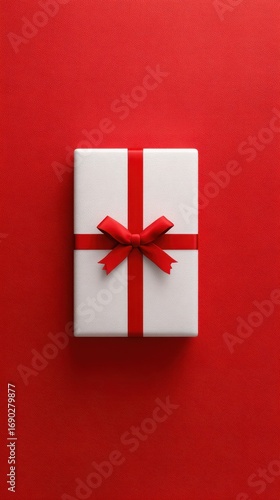 Elegant White Gift Box with Red Ribbon on Vibrant Red Background.