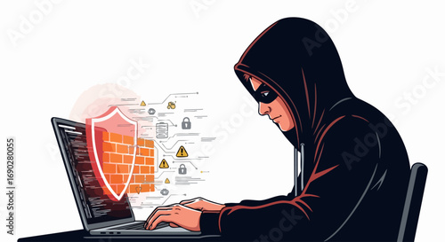 Hacker Wearing a Mask Breaking into a Computer System Protected by a Firewall
