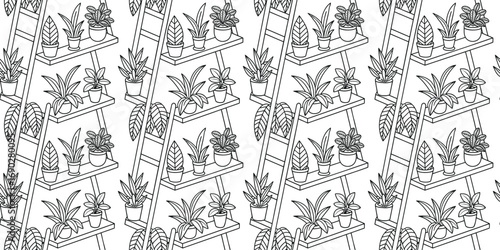 Seamless potted plants on shelf pattern illustration for fabric, wallpaper, and wrapping projects. Elegant botanical line art design for modern and vintage decor. Perfect decorative background for sty