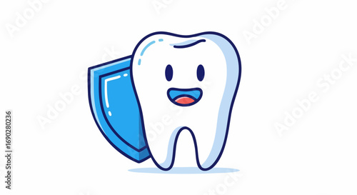 Happy Cartoon Tooth Protected by a Blue Shield