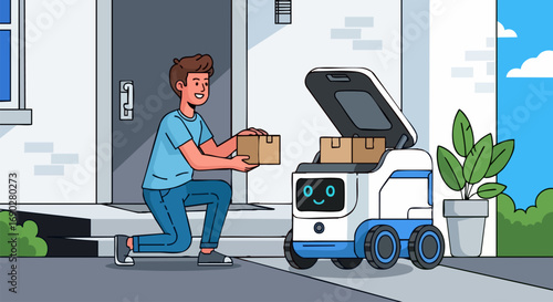 Man Receiving a Package from an Autonomous Delivery Robot at His Home