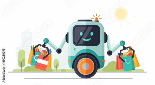 A friendly delivery robot carrying shopping bags in a city environment
