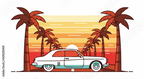 Retro car driving down a palm tree-lined street during sunset