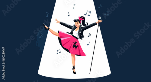 A vibrant illustration of retro music and performance with a turntable and a rockabilly singer