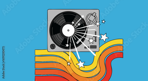 Retro turntable with exploding stars and colorful wavy lines on a blue background
