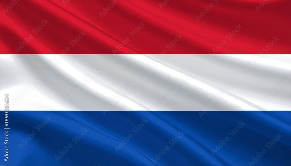 Fototapeta premium Dutch national flag waving in the wind with horizontal red, white, and blue stripes under bright sunlight.