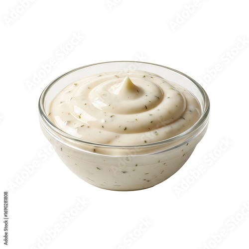 Photo of a glass bowl filled with creamy white sauce or dip, possibly ranch or mayonnaise, with herbs, isolated on transparent background