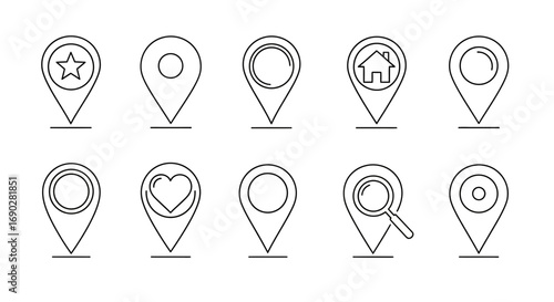 Assorted location pin icons pointing to places of interest with a star, home, heart, and magnifier