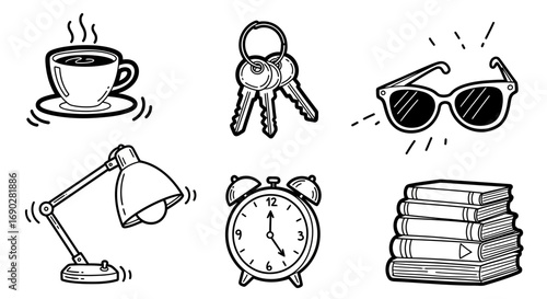 Doodle icons for morning routine featuring coffee, keys, sunglasses, lamp, alarm clock and books