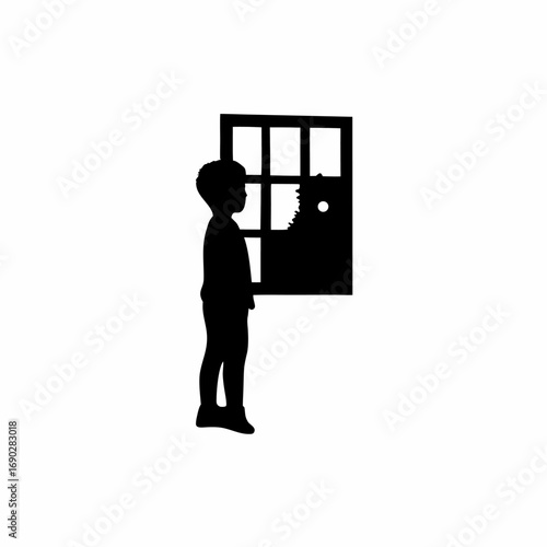 Silhouette of a boy looking out a window with dreams isolated on white background