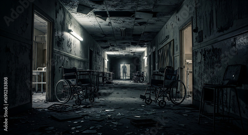 Tableau sur toile Eerie abandoned hospital hallway with wheelchairs and a shadowy figure at the end, evoking fear and mystery for horror concepts or unsettling narratives