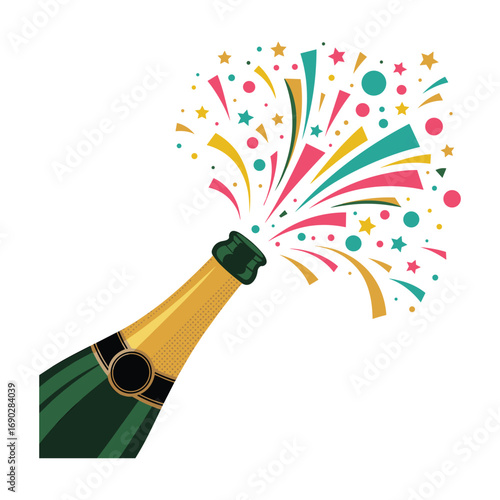 Champagne bottle popping with colorful confetti and streamers celebrating a festive occasion