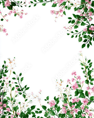 Delicate pink and white flowers with lush green leaves form decorative border on white background, creating fresh and elegant frame. Perfect for invitations or announcements