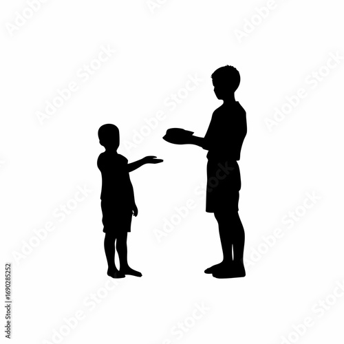 Silhouette of a boy refusing food so siblings can eat isolated on white background