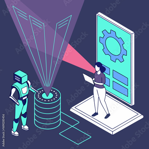 Futuristic hologram vector illustration, AI technology innovation, glowing 3D projection concept