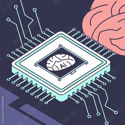 Quantum computing vector illustration, futuristic AI processor, abstract glowing circuit design