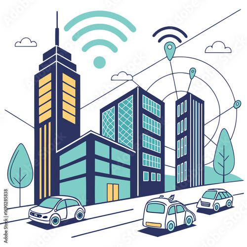 Artificial intelligence futuristic city vector illustration, smart technology infrastructure