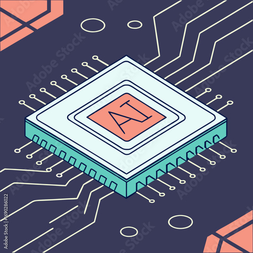 Artificial intelligence chip vector, glowing processor circuit, futuristic tech background
