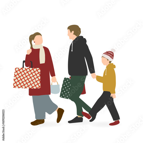 冬の買い物をする親子3人のイラスト