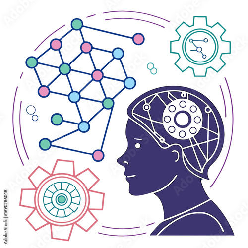 AI neural network vector illustration, deep learning abstract design, connected nodes and circuits