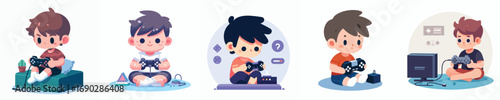 vector of a little boy playing a game console